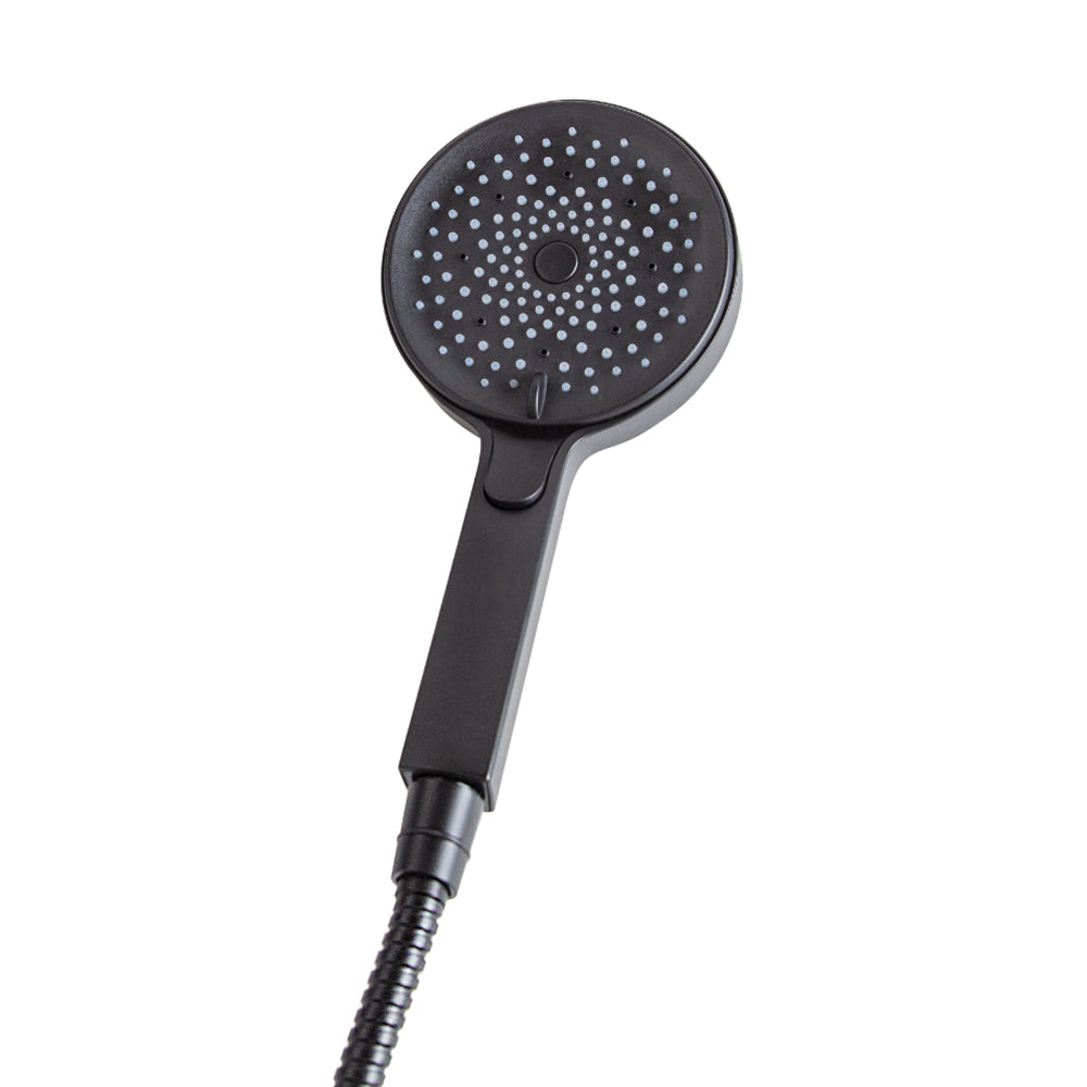Hand-held round ABS shower head with 50-inch flexible hose, three function variable spray and pause button for ADA compliance. DIAM: 4-3/4", H: 10" - Maison&Co.