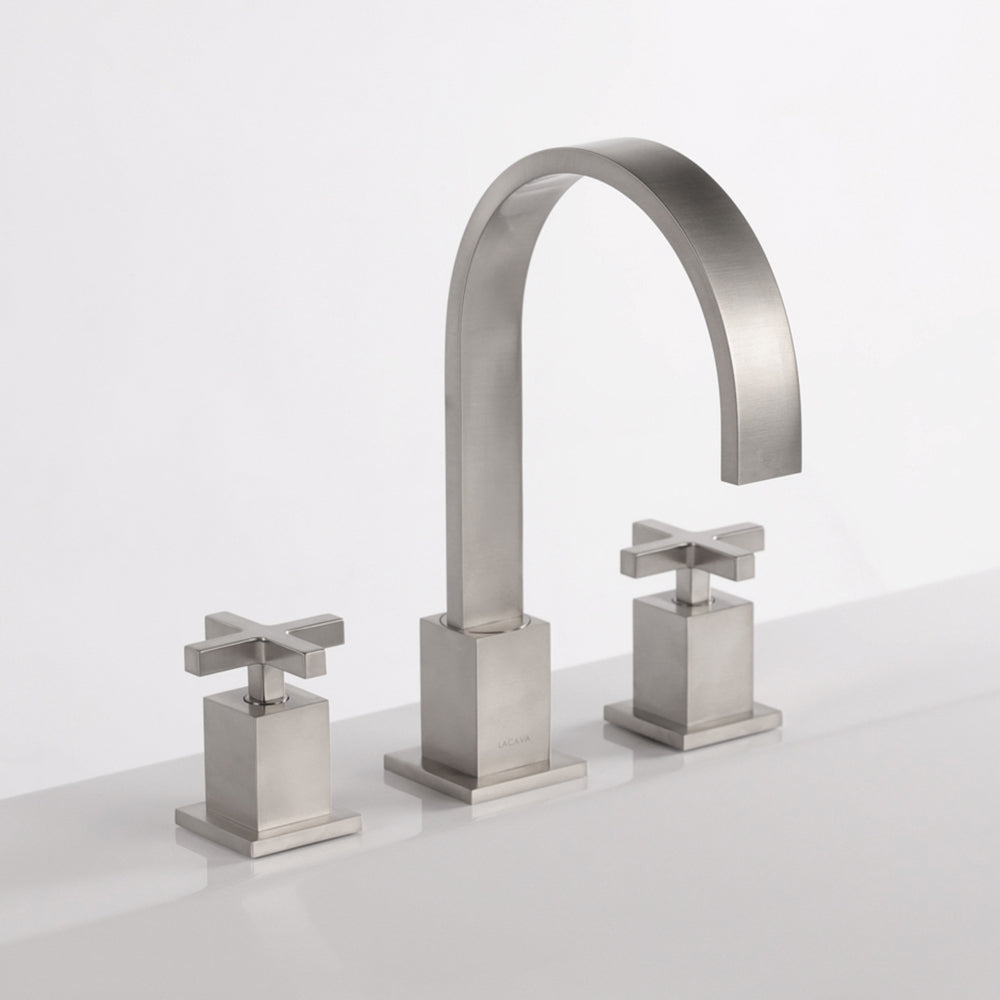 Deck-mount three-hole faucet with an arch spout featuring natural water flow, two cross handles, pop-up deain included. Water flow rate: 1 gpm pressure compensating regulator. - Maison&Co.