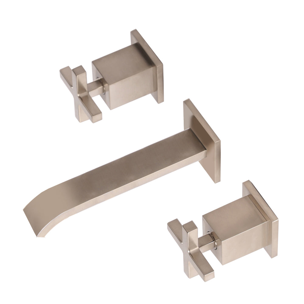 ROUGH - Wall-mount three-hole faucet featuring natural water flow, with two cross handles, no backplate. Includes rough-in and trim. Water flow rate: 2.2 gpm at 60 psi. - Maison&Co.