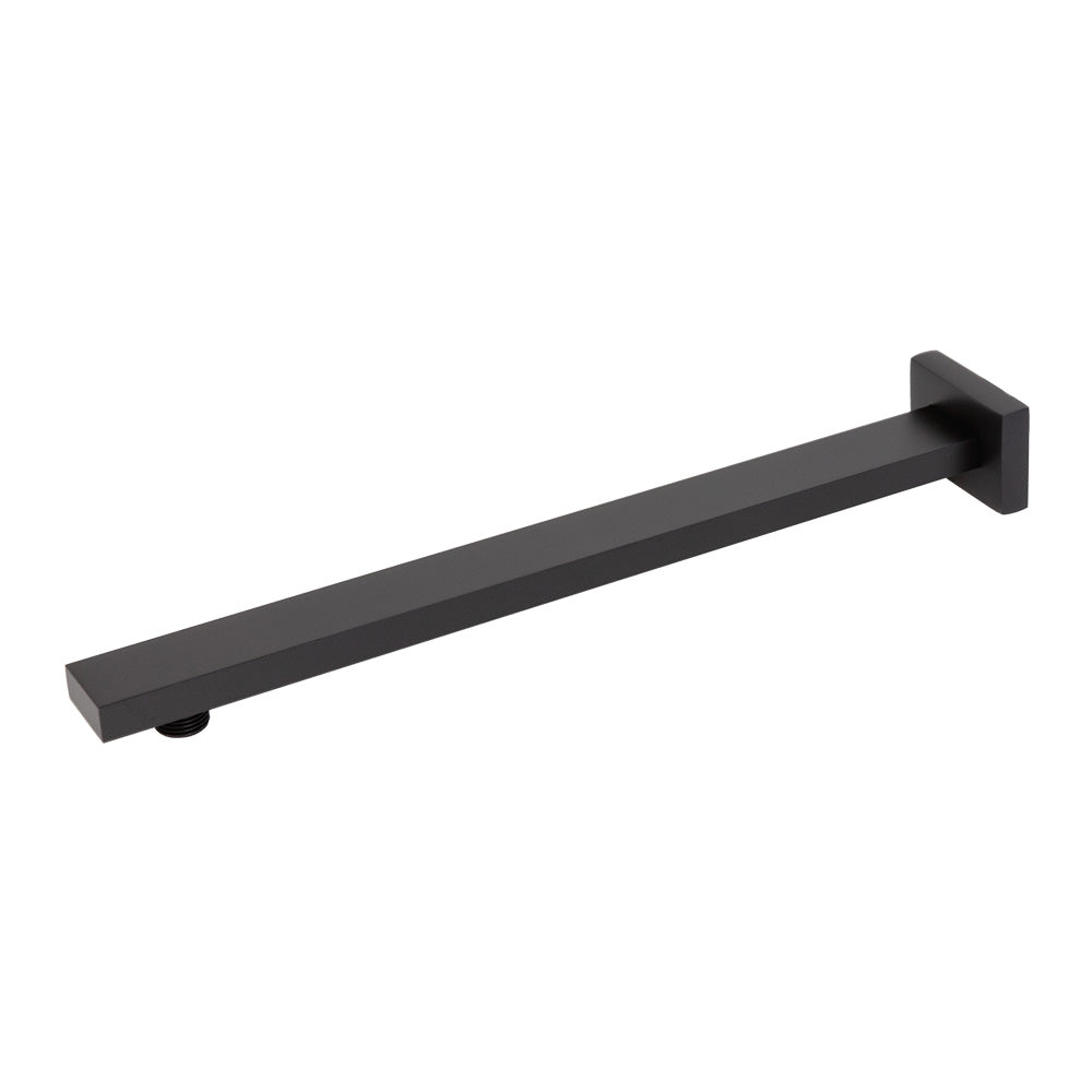 Wall-mount rectangular shower arm with flange. D: 14 3/8", H: 1 1/8".