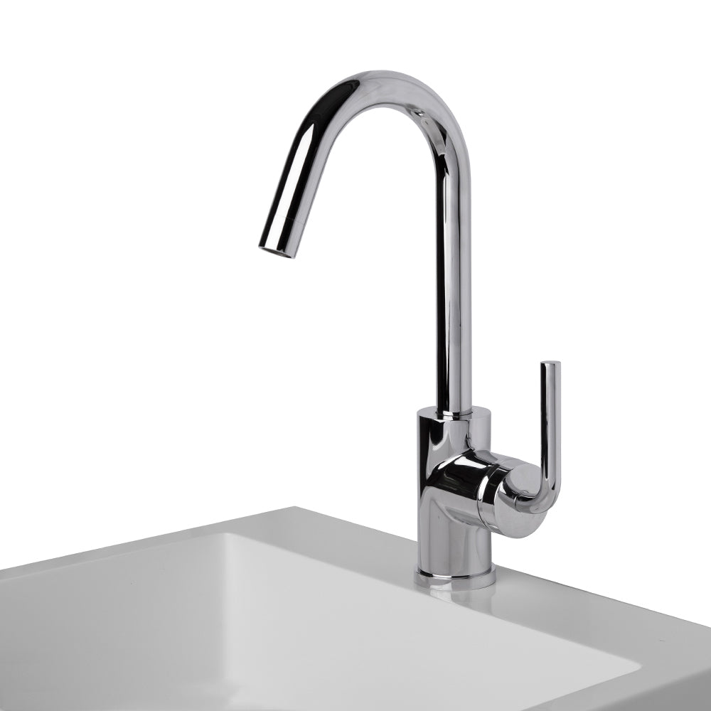 Deck-mount single-hole faucet with a goose-neck swiveling spout, one curved lever handle, and a pop-up drain. 5 1/4" spout projection. Water flow rate: 1.2 gpm pressure compensating aerator. - Maison&Co.
