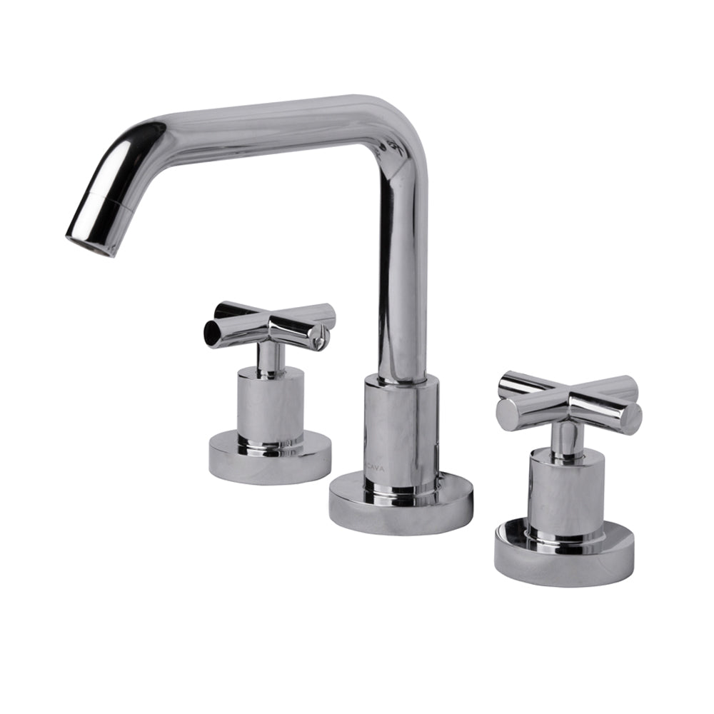 Deck-mount three-hole faucet with a squared-gooseneck swiveling spout, two cross handles, and a pop-up drain. Water flow rate: 1 gpm pressure compensating aerator. - Maison&Co.