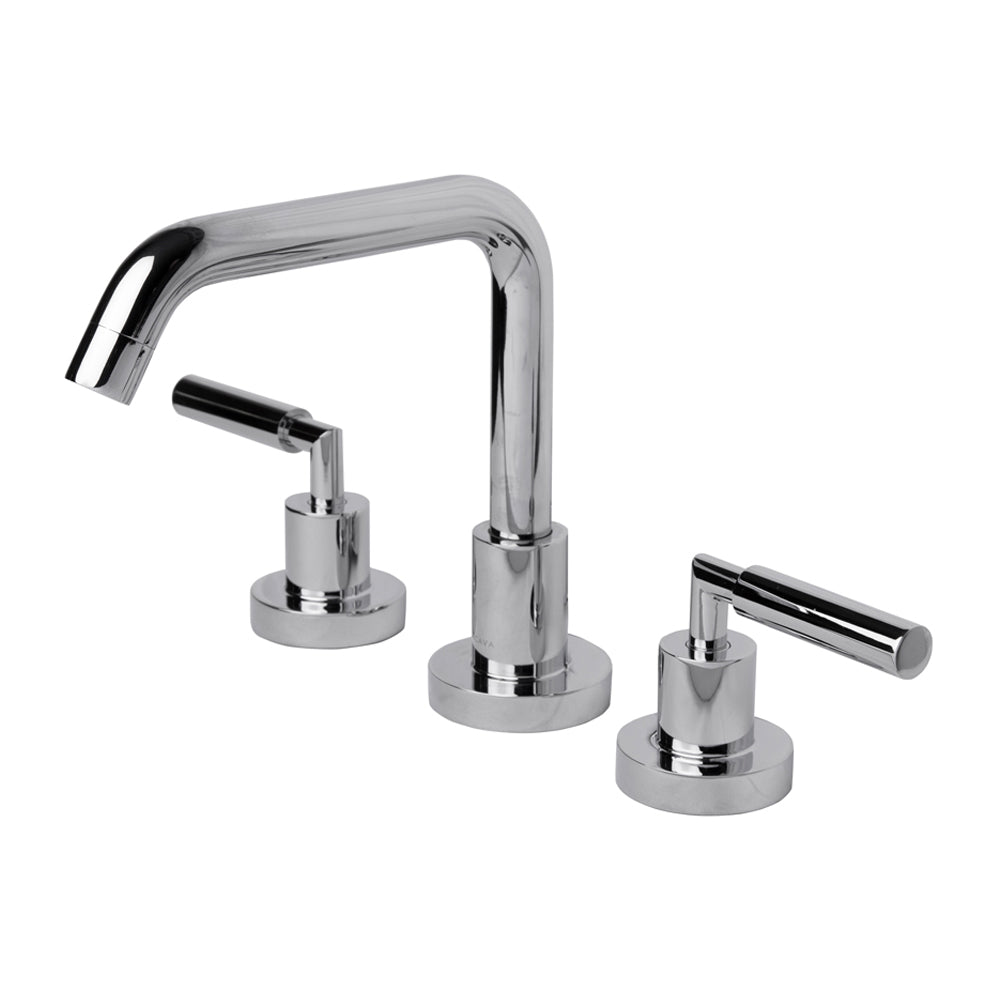 Deck-mount three-hole faucet with a squared-gooseneck swiveling spout, two lever handles, and a pop-up drain. Water flow rate: 1.2 gpm pressure compensating aerator. - Maison&Co.