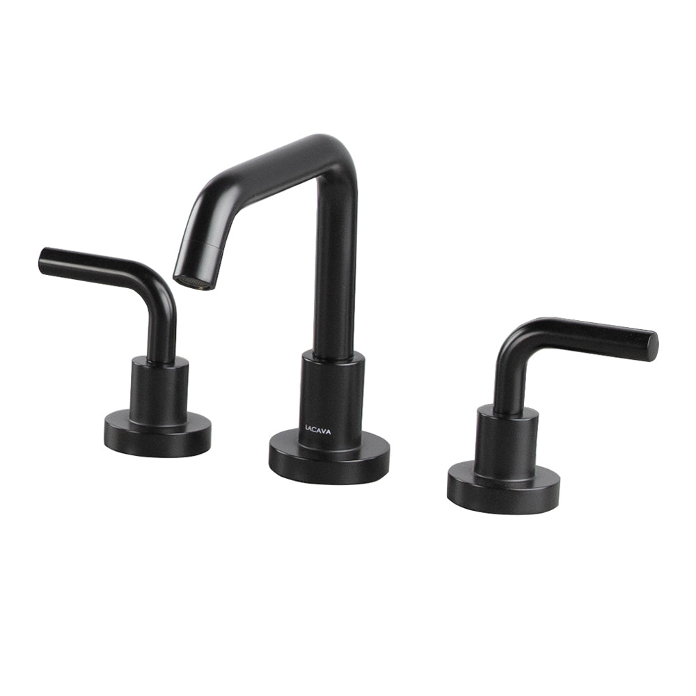 Deck-mount three-hole faucet with a squared-gooseneck swiveling spout, two curved lever handles, and a pop-up drain. Water flow rate: 1.2 gpm pressure compensating aerator. - Maison&Co.