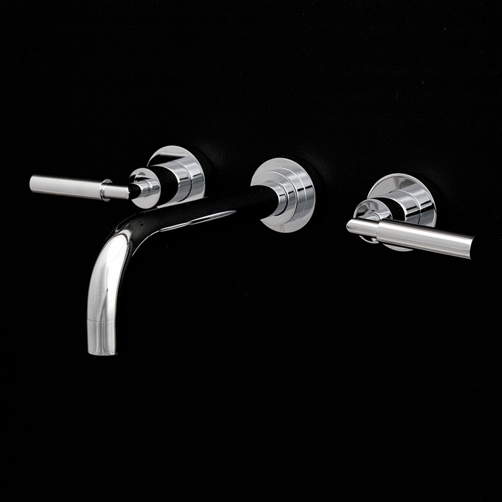 ROUGH - Wall-mount three-hole faucet with two lever handles, no backplate, spout 9 7/8". Includes rough-in and trim. Water flow rate: 1 gpm pressure compensating aerator. - Maison&Co.