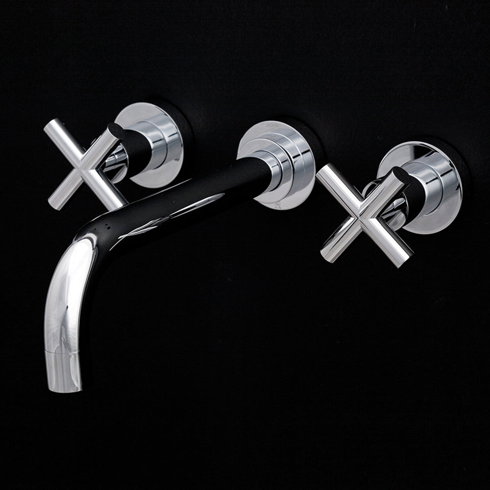 ROUGH - Wall-mount three-hole faucet with three-hole faucet with two cross handles, no backplate, spout 6". Includes rough-in and trim. Water flow rate: 1 gpm pressure compensating aerator. - Maison&Co.
