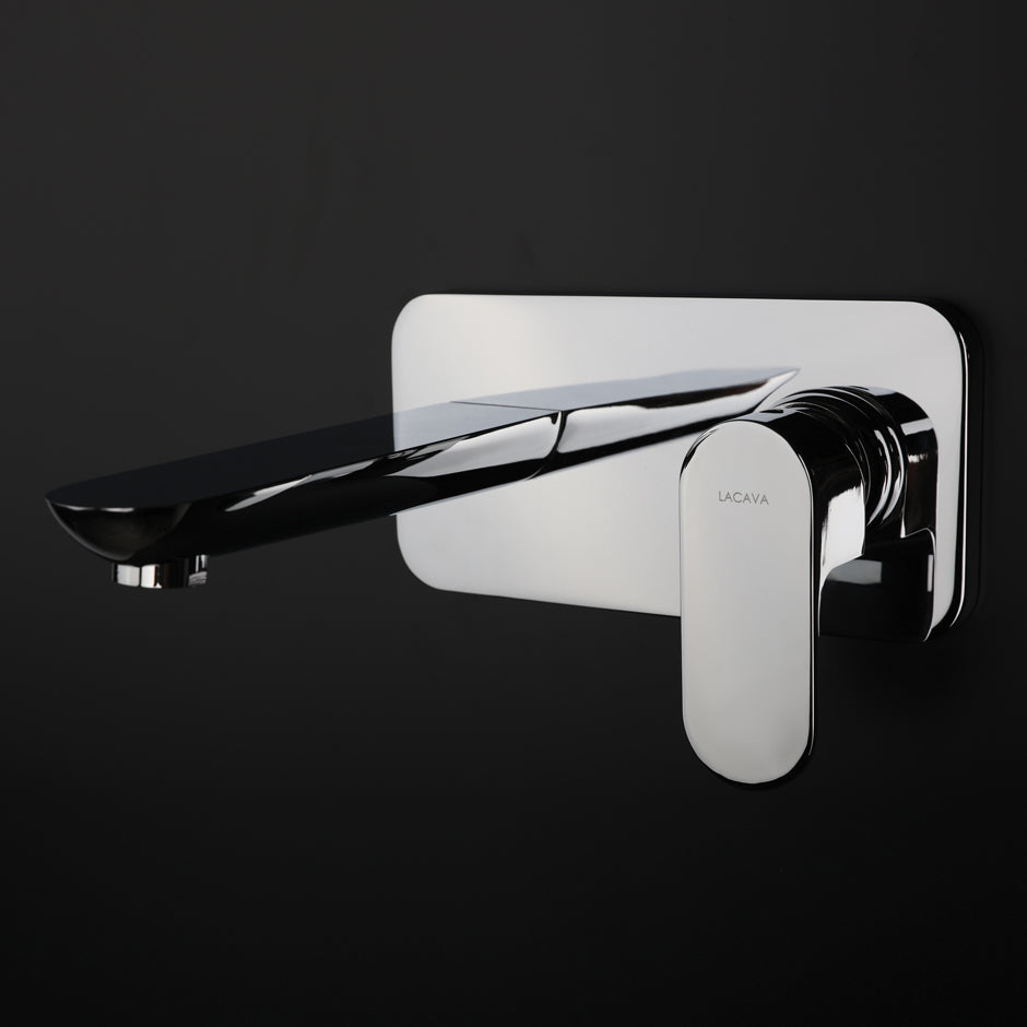 ROUGH - Wall-mount two-hole faucet with one level handle and backplate. Includes rough-in and trim. Water flow rate: 1.2GPM pressure compensating aerator. W:7 7/8", H; 4", SPOUT: 6 3/4". - Maison&Co.