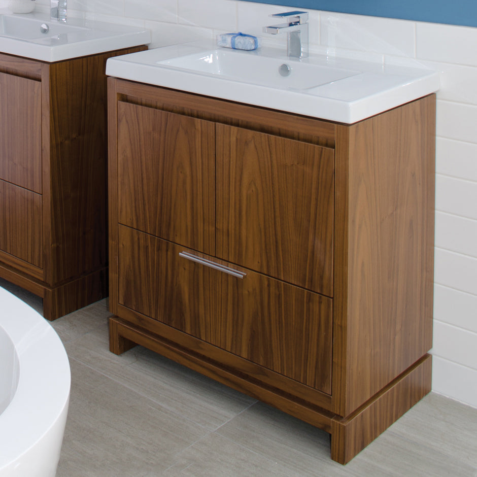 Free-standing under-counter vanity with finger pulls across top doors and polished chrome pull across bottom drawer, 31" W, 17 5/8" D, 33 1/4" H - Maison&Co.