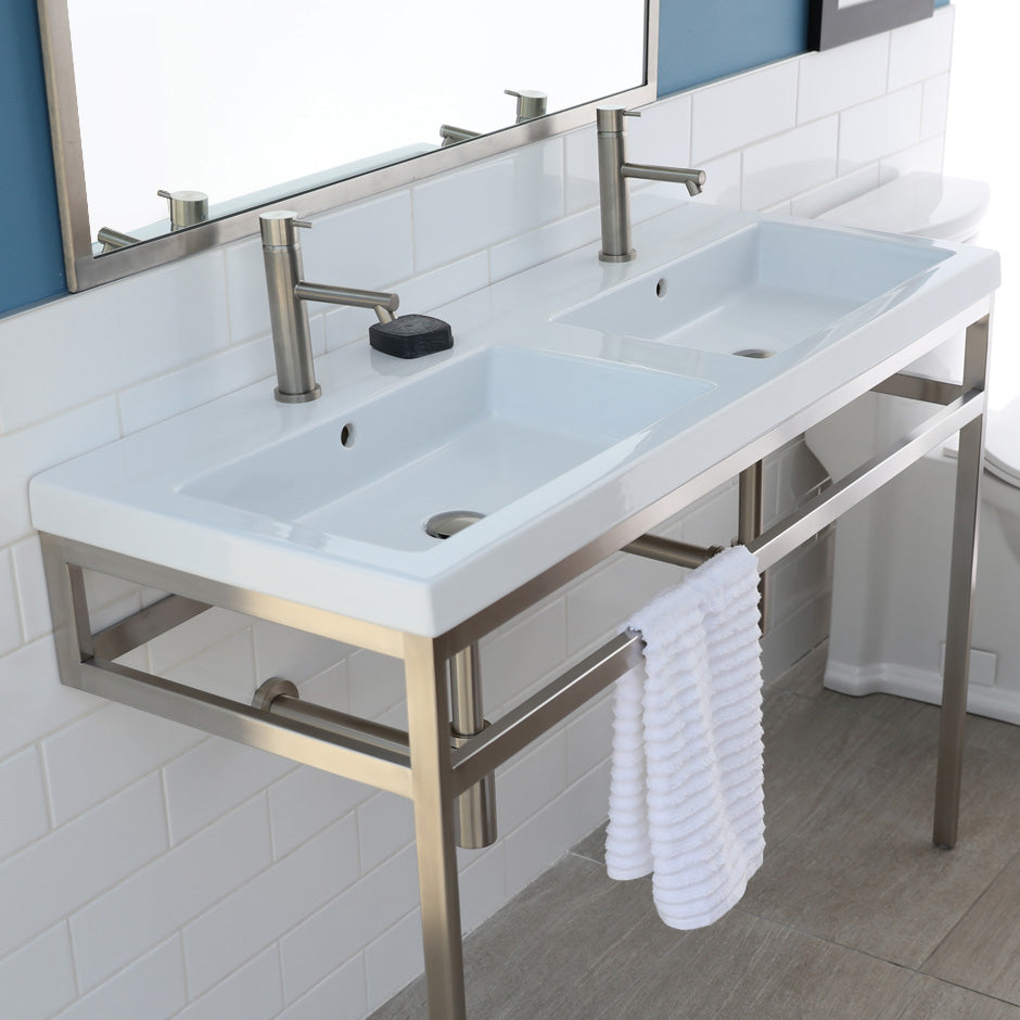 Floor-standing metal console stand with a towel bar (Bathroom Sink 5214 and 5215 sold separately), made of stainless steel or brass. It must be attached to wall.  W: 47", D: 17 5/8", H: 33 1/4". - Maison&Co.
