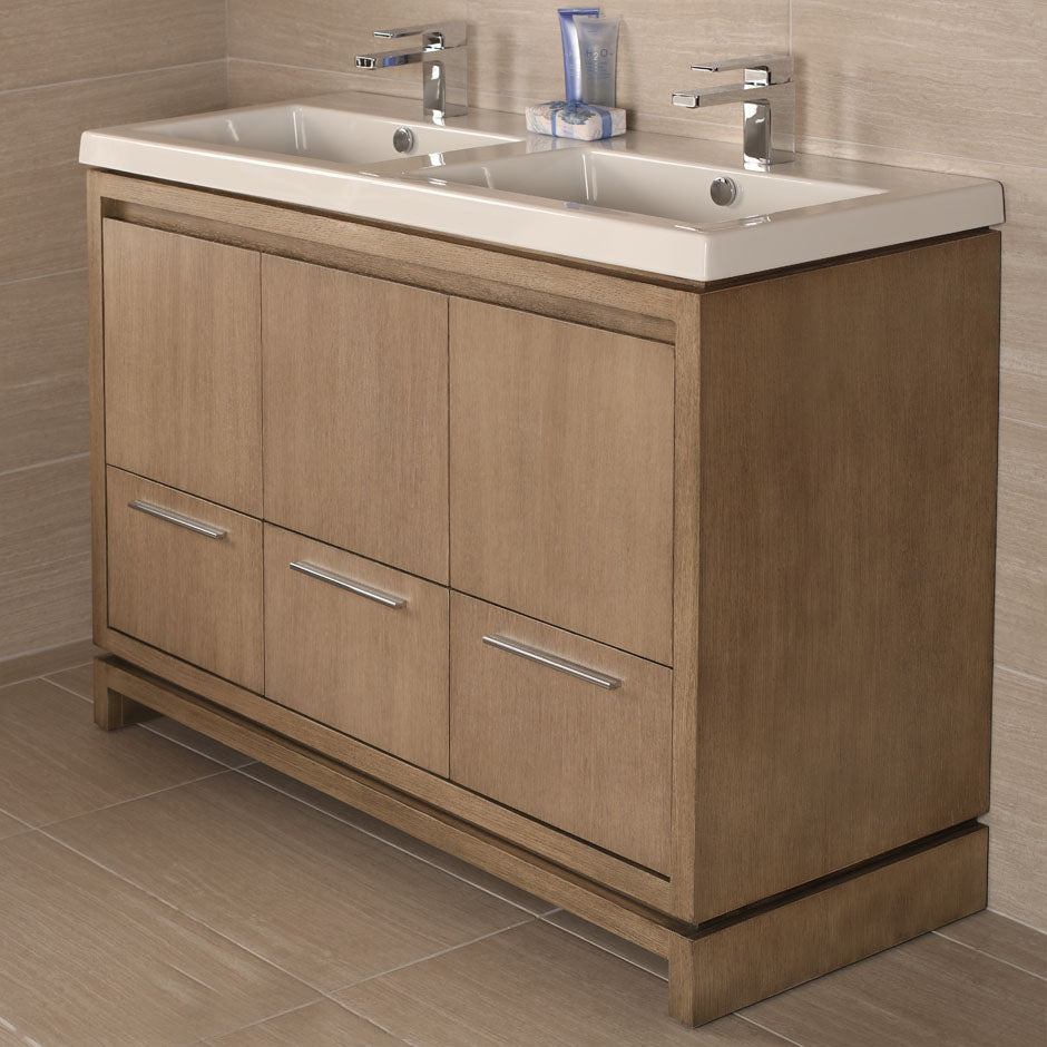 Free-standing under-counter vanity with finger pulls across top doors and polished chrome pulls across bottom drawers, 54 5/8" W, 17 5/8" D, 33 1/4" H. - Maison&Co.