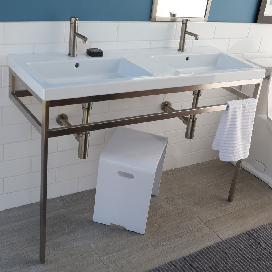 Floor-standing metal console stand with a towel bar (Bathroom Sink 5216 sold separately), made of stainless steel or brass. It must be attached to wall. W: 54 3/4", D: 17 5/8", H: 33 1/4". - Maison&Co.