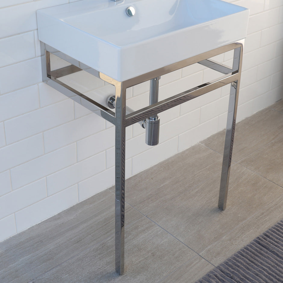 Floor-standing stainless steel console stand with a towel bar, 23 1/8"W, 17 5/8"D, 30 3/4"H. Washbasin 5231 sold separately - Maison&Co.