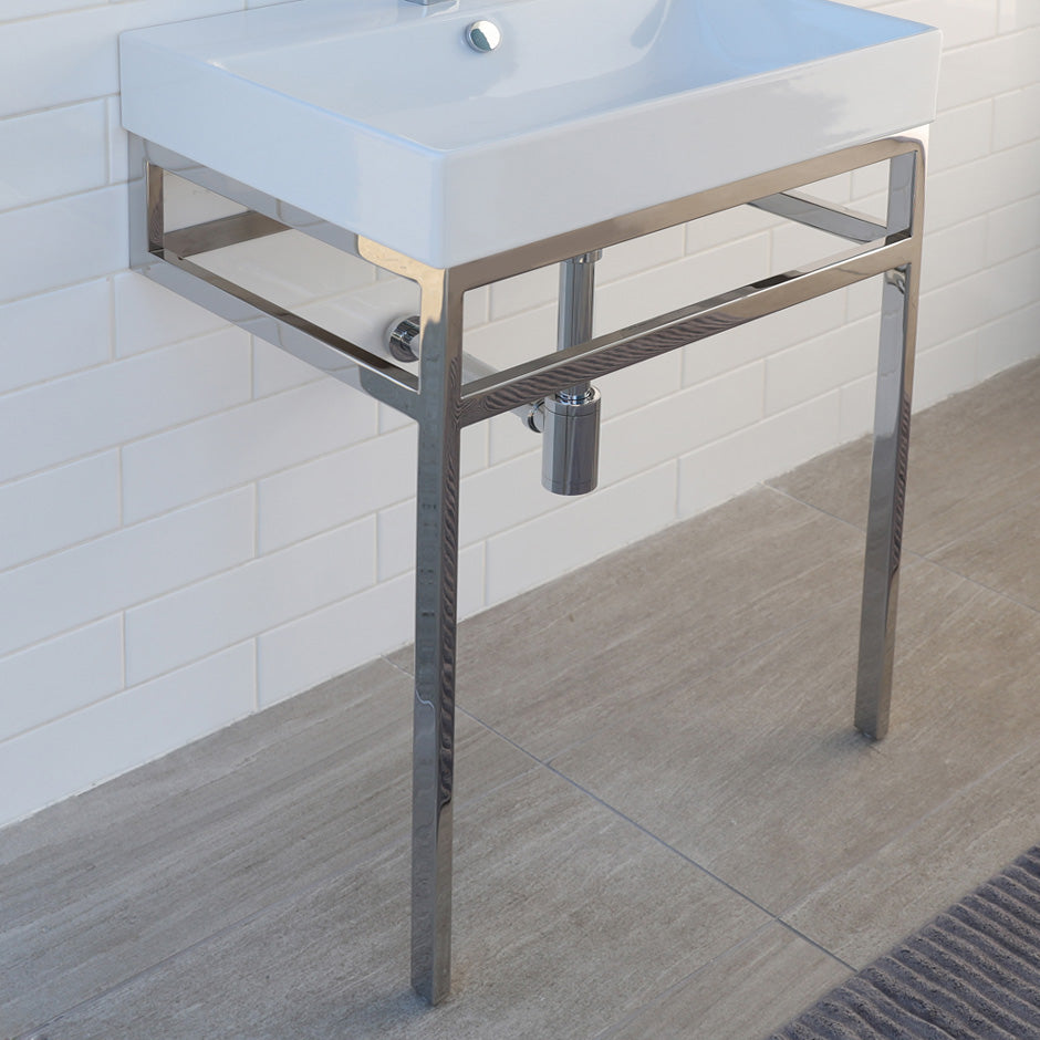 Floor-standing metal console stand with a towel bar (Bathroom Sink 5232 sold separately), made of stainless steel or brass. It must be attached to wall.  W: 31", D: 17 5/8", H: 30 3/4". - Maison&Co.