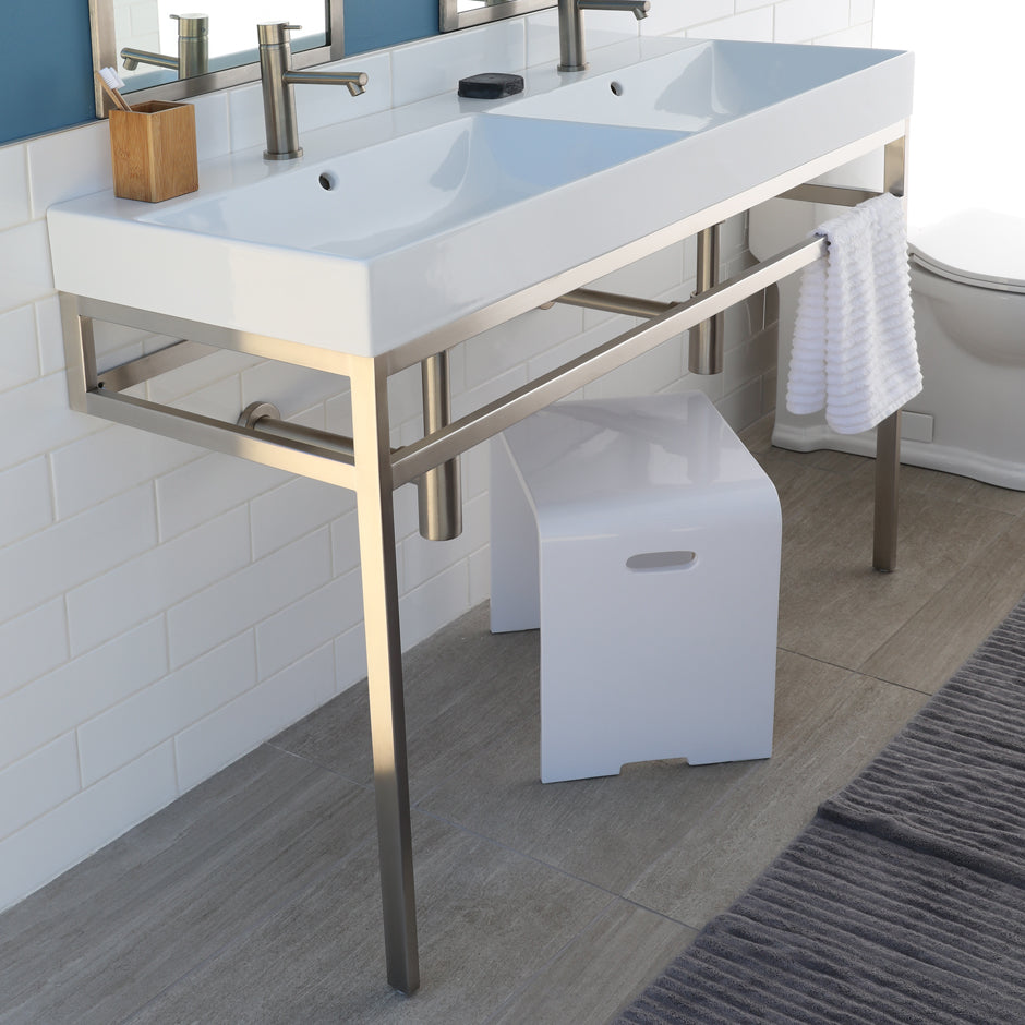 Floor-standing metal console stand with a towel bar (Bathroom Sink 5234 sold separately), made of stainless steel or brass. It must be attached to wall.  W: 47", D: 17 5/8", 30 3/4". - Maison&Co.