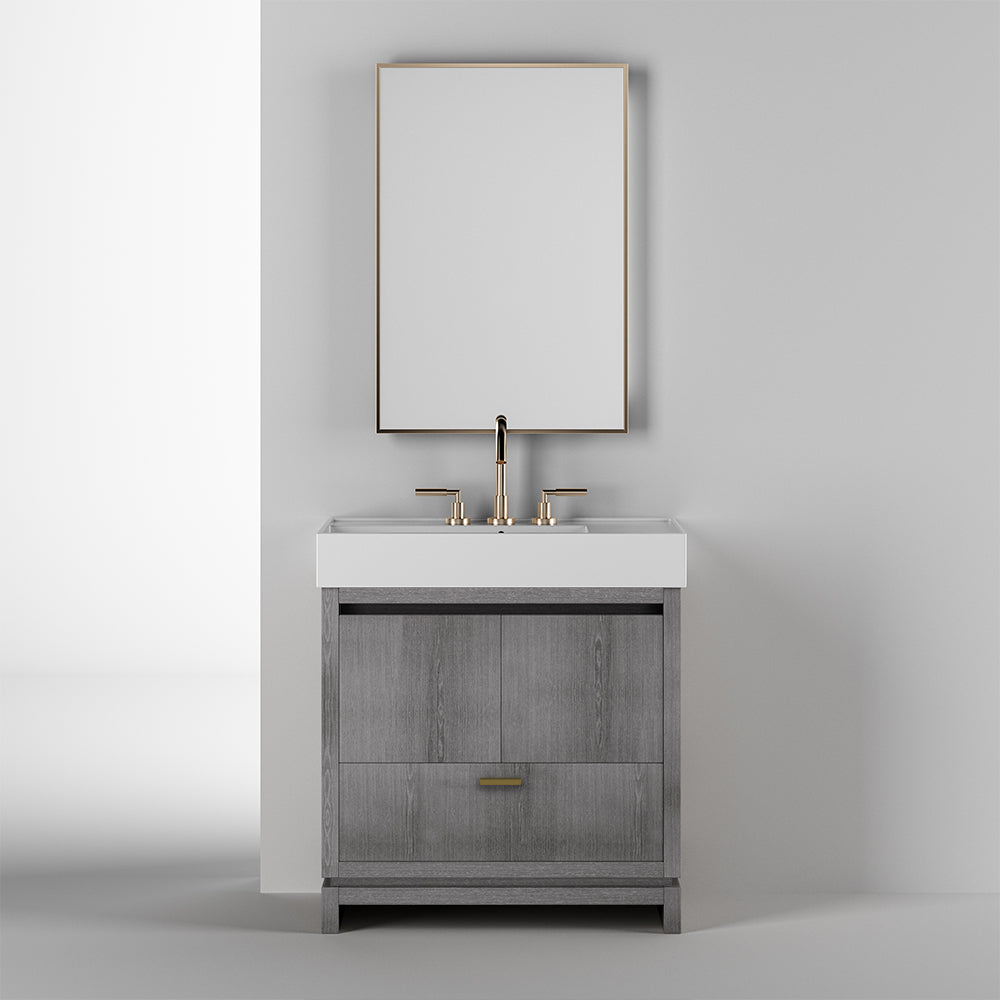 Free-standing under-counter vanity with finger pulls across top doors and polished chrome pull across bottom drawer. Bathroom Sink # 5232 sold separately. W: 31", D: 17 5/8", H: 30 3/4". - Maison&Co.