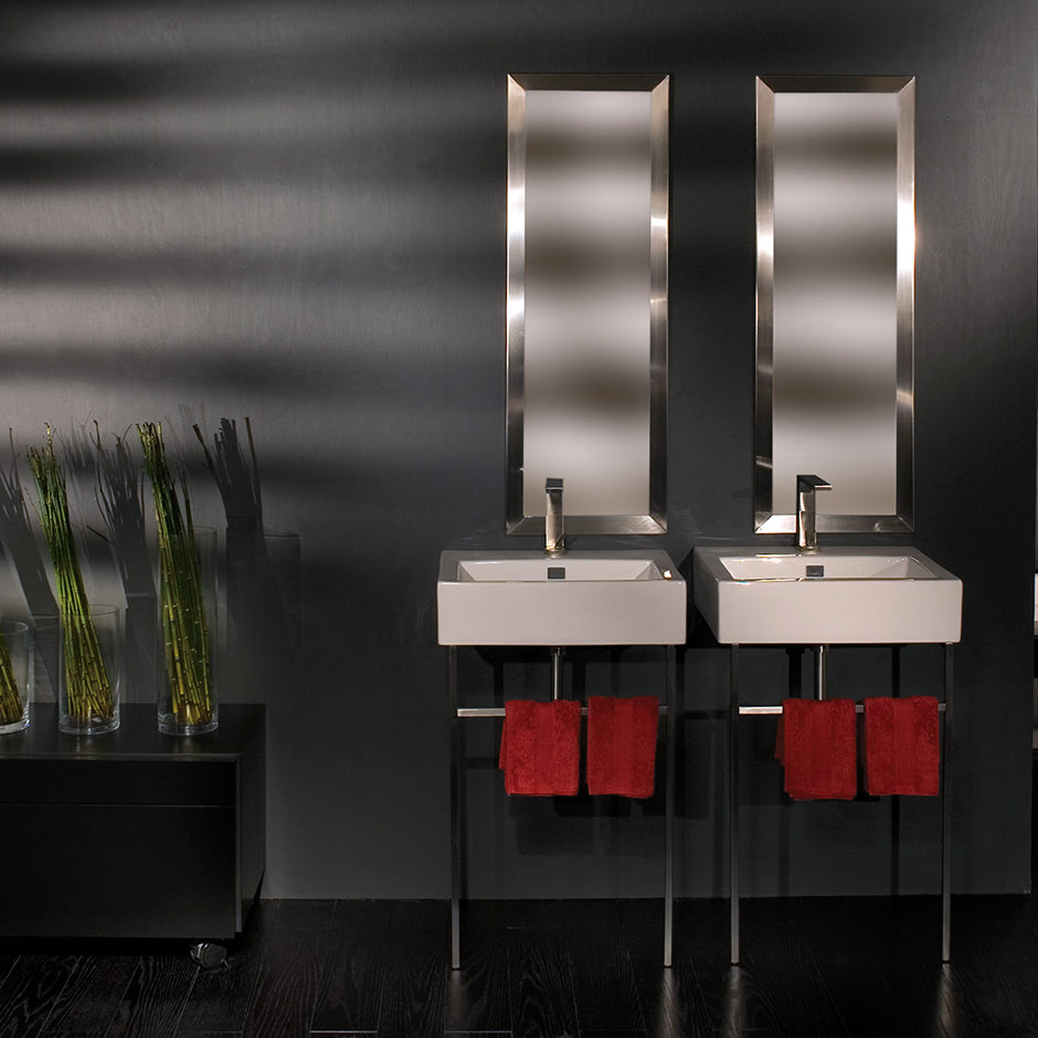 Floor-standing metal console stand with a towel bar (Bathroom Sink 5464 sold separately), made of stainless steel or brass. It must be attached to wall. W: 23 1/8", D: 18 1/4", H: 29". - Maison&Co.