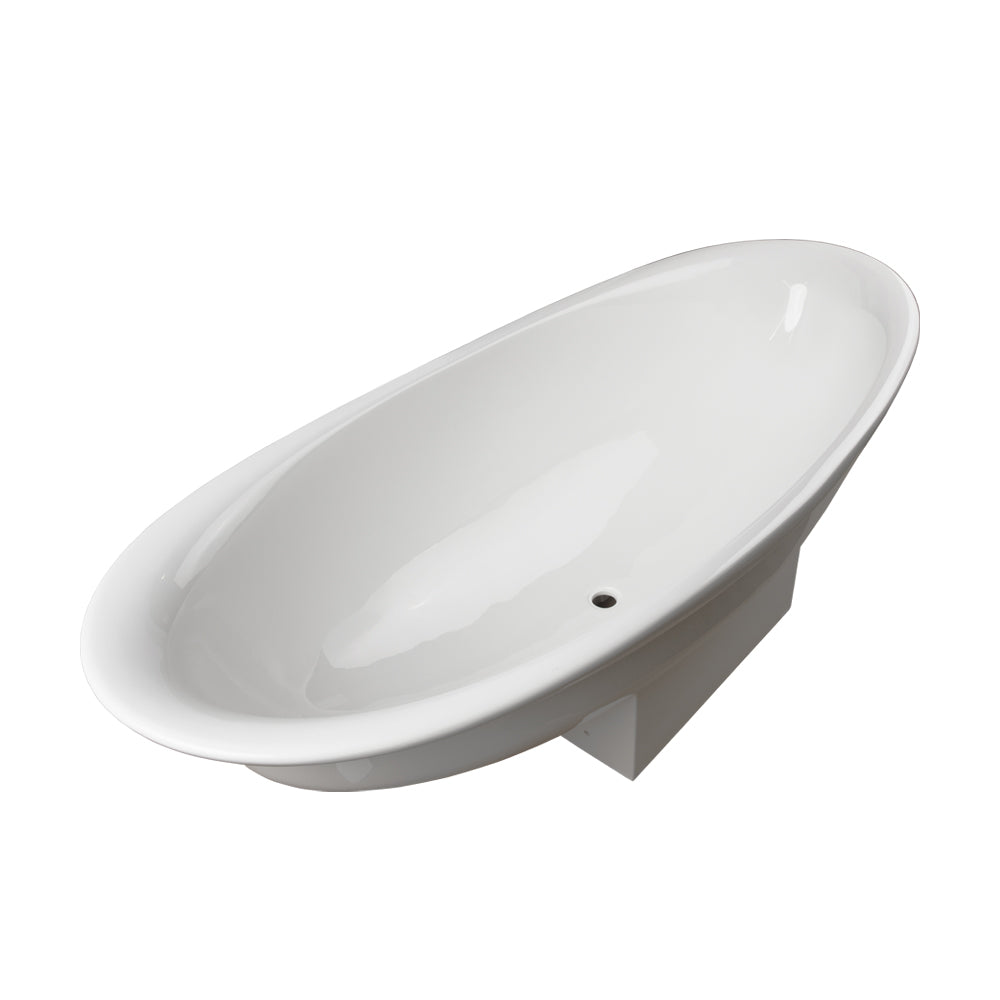Soaking bath tub with floor bracket, white acrylic, 76"W, 33 1/8"D, 22 7/8"H, 265 lbs, drain/trap assembly not included. Surround sold separately.