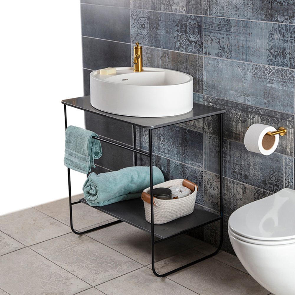 Floor-standing welded metal console stand with a towel bar and shelf. It must be attached to wall. Sink 5464 or vessel sink with countertop SUA-30T sold separately. W: 27-3/4", D: 18-1/8", H: 29". Matte Black - Maison&Co.