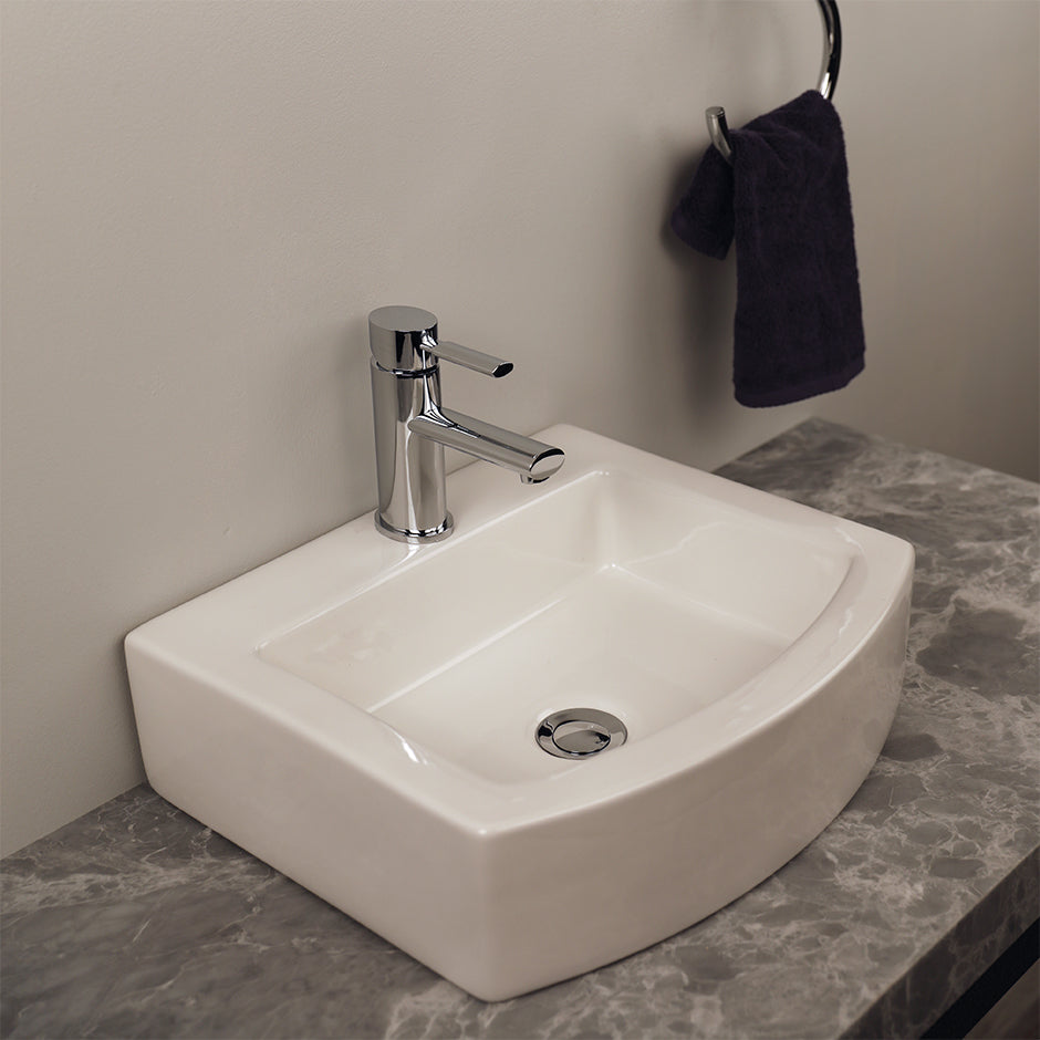 Above counter porcelain Bathroom Sink without an overflow. Unfinished back.17 1/2"W, 15 1/2"D, 4 1/2"H. One faucet hole. - Maison&Co.