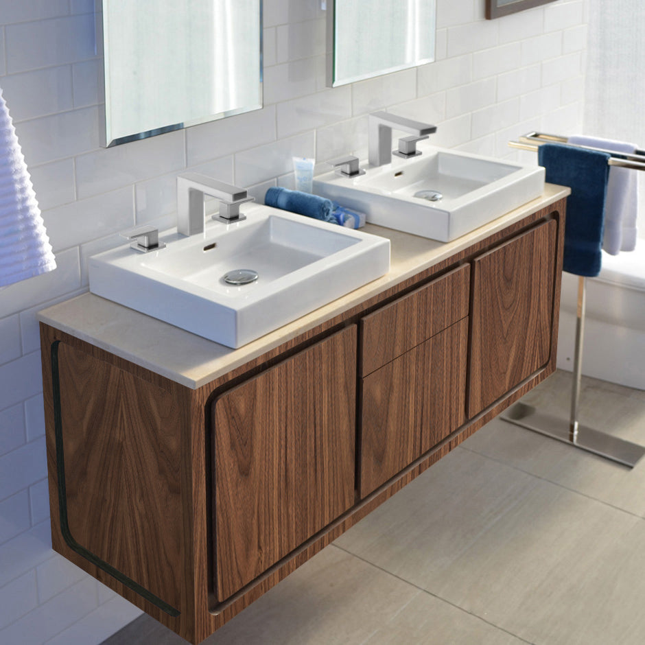 Wall-mount under-counter double vanity with 2 drawers and 2 doors  Two-tone finishes are premium class and need to be specified in detail. W: 55', D: 17 5/8", H: 22". - Maison&Co.