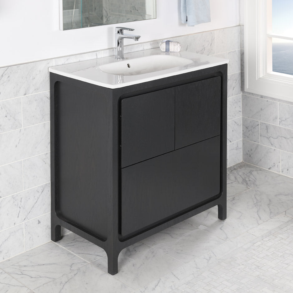 Free standing under counter vanity with routed finger pulls on two doors and one drawer. Bathroom Sink top sold separately. Multi finish combinations and custom. W: 31 3/4", D: 17 3/4", H: 34" - Maison&Co.