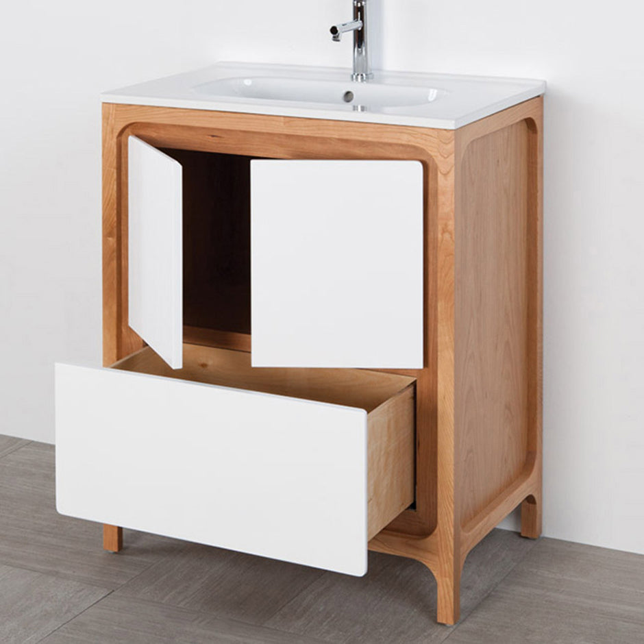 Free standing under counter vanity with routed finger pulls on two doors and one drawer. Bathroom Sink top sold separately. Multi finish combinations and custom. W: 31 3/4", D: 17 3/4", H: 34" - Maison&Co.