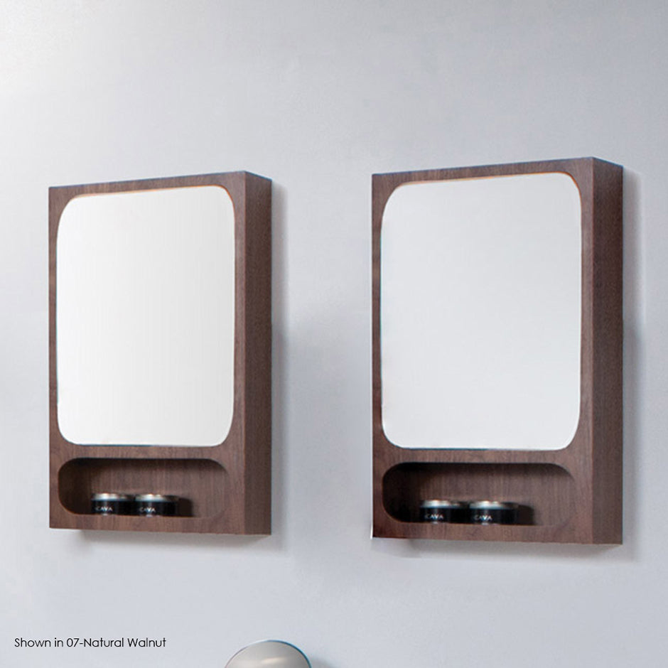 Surface-mount medicine cabinet with two adjustable glass shelves behind mirroreddoor, and one open cubby, touch latch hardware. 19"W, 5"D, 32"H - Maison&Co.