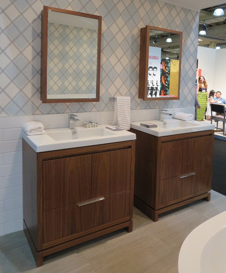 Free-standing under-counter vanity with finger pulls across top doors and polished chrome pulls across bottom drawers, 39" W, 17 5/8" D, 33 1/4" H - Maison&Co.