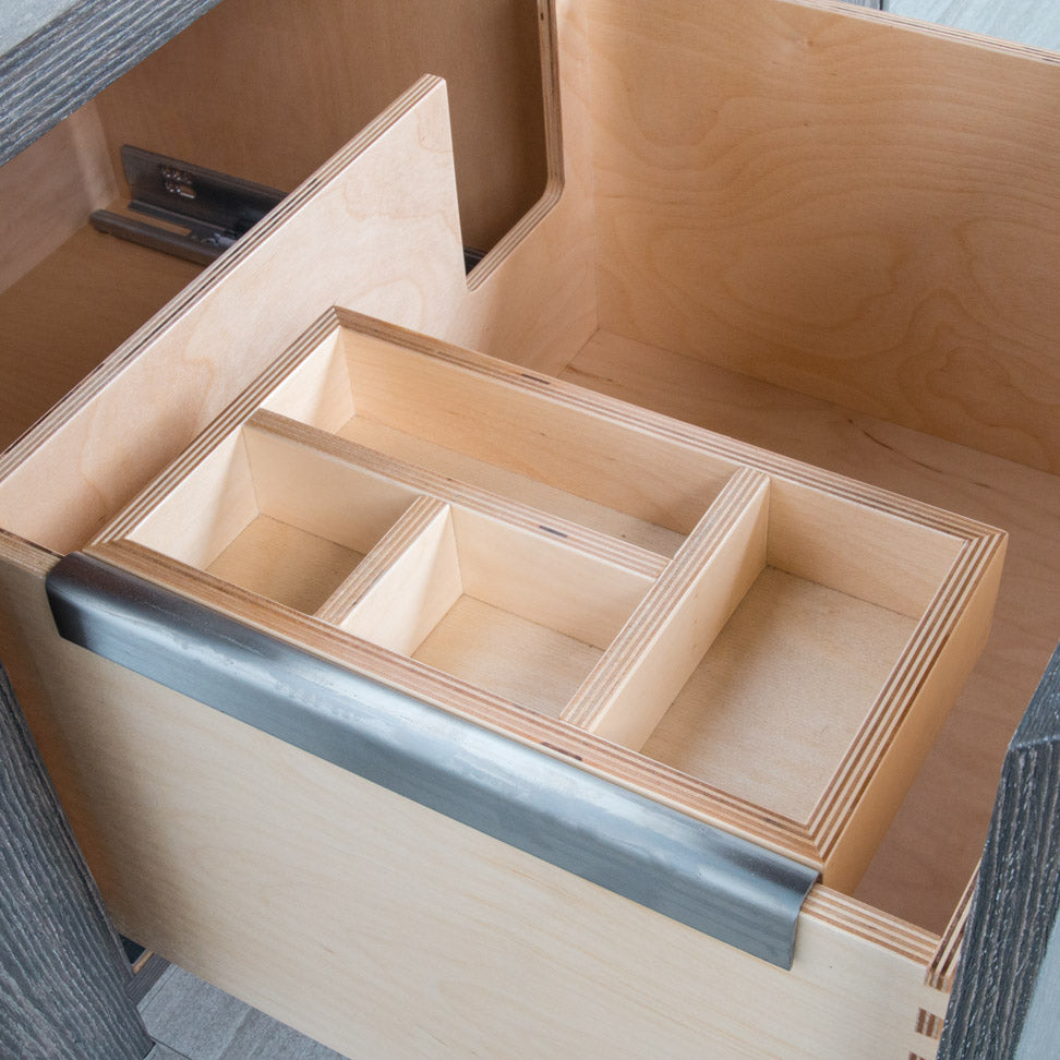 Add-on hanging organizer made of baltic birch in natural finish and brushed stainless steel bracket. W: 6” D: 10 3/4”H: 2 1/4” - Maison&Co.