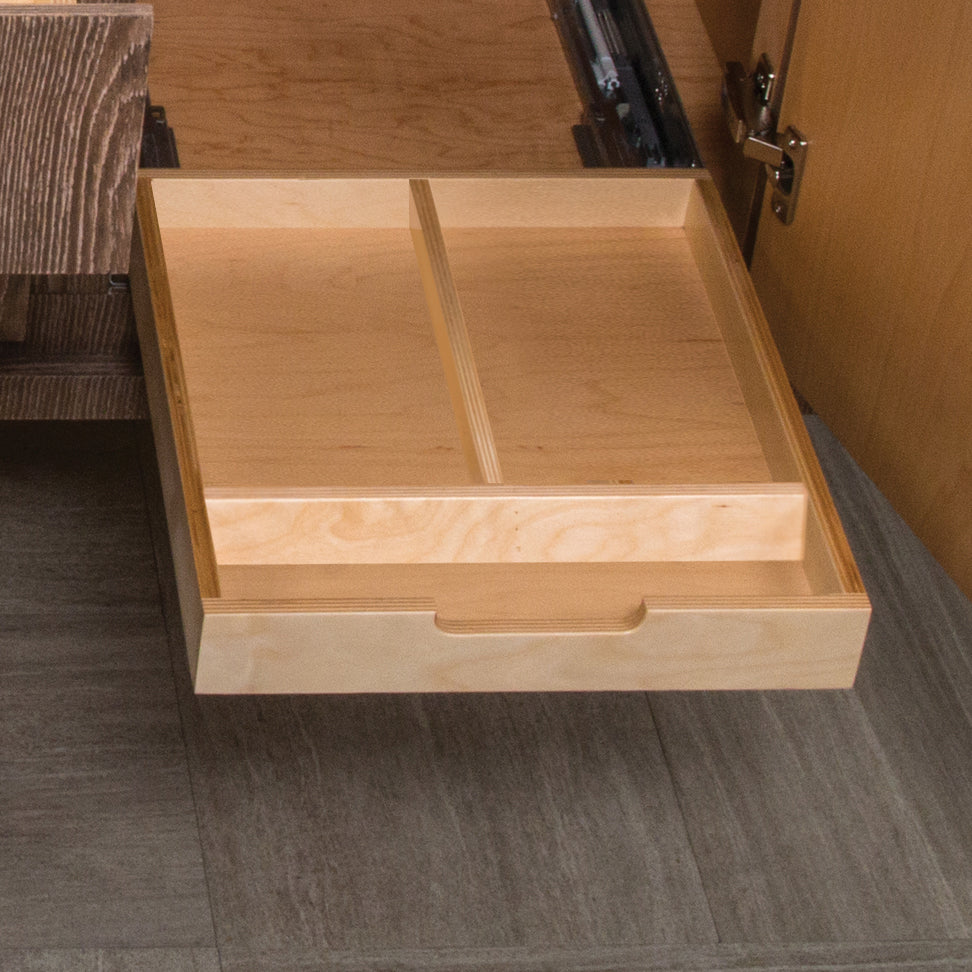 Add-on interior upper pull-out drawer with 4 dividers,customized to fit the selected vanity, made of baltic birch in natural finish. - Maison&Co.