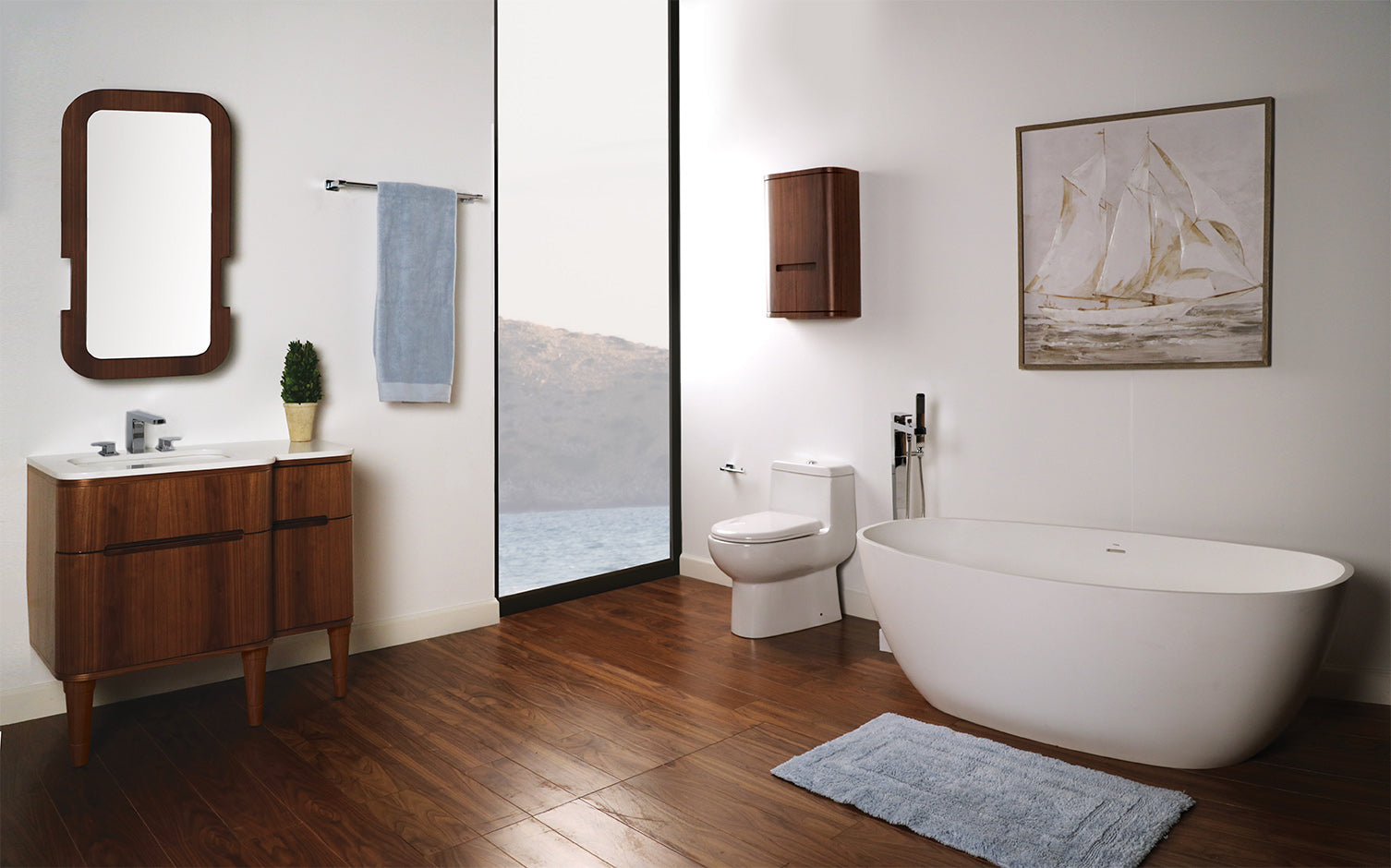 Wall-mount under counter vanity with three routed finger pull drawers . Bathroom Sink is on the left. H27 LEG, H274LT and H270 Bathroom Sink are all sold separately. W: 47 1/2", D:21 3/4", H: 22 1/4". - Maison&Co.