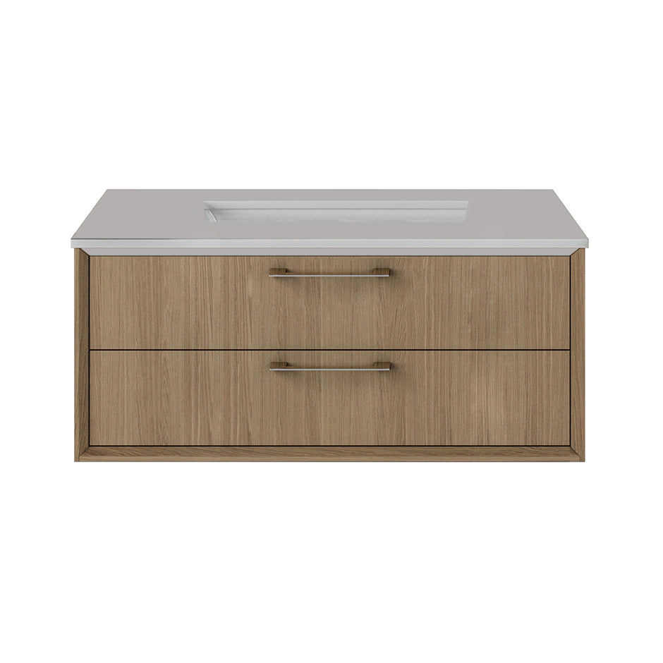 Cabinet of wall-mount under-counter vanity featuring one drawer and solid surface countertop with a cut-out for undermount sink (pulls included). Sink 5452UN sold separately. W:29 3/4", D: 21 7/8", H: 12". - Maison&Co.