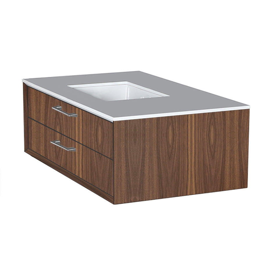 Cabinet of wall-mount under-counter vanity featuring one drawer and solid surface countertop with a cut-out for undermount sink (pulls included). Sink 5452UN sold separately. W:35 3/4", D: 21 7/8", H: 12". - Maison&Co.