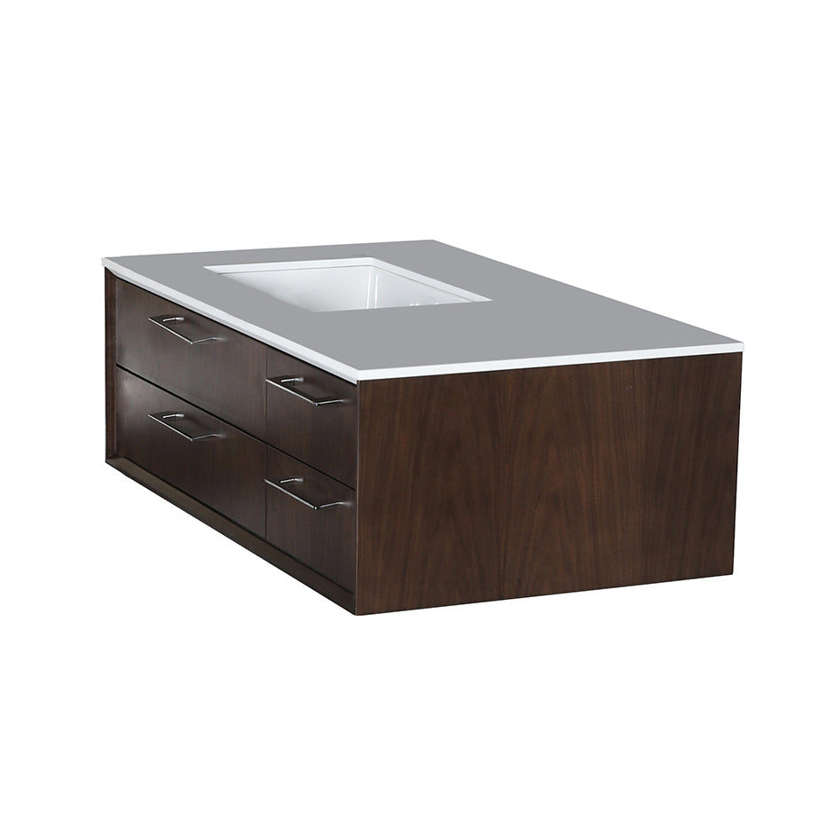 Cabinet of wall-mount under-counter vanity featuring three drawers and solid surface countertop with a cut-out for undermount sink (pulls included) on the left. Sink 5452UN and countertop sold separately. W:35 3/4", D: 21 7/8", H: 12". - Maison&Co.