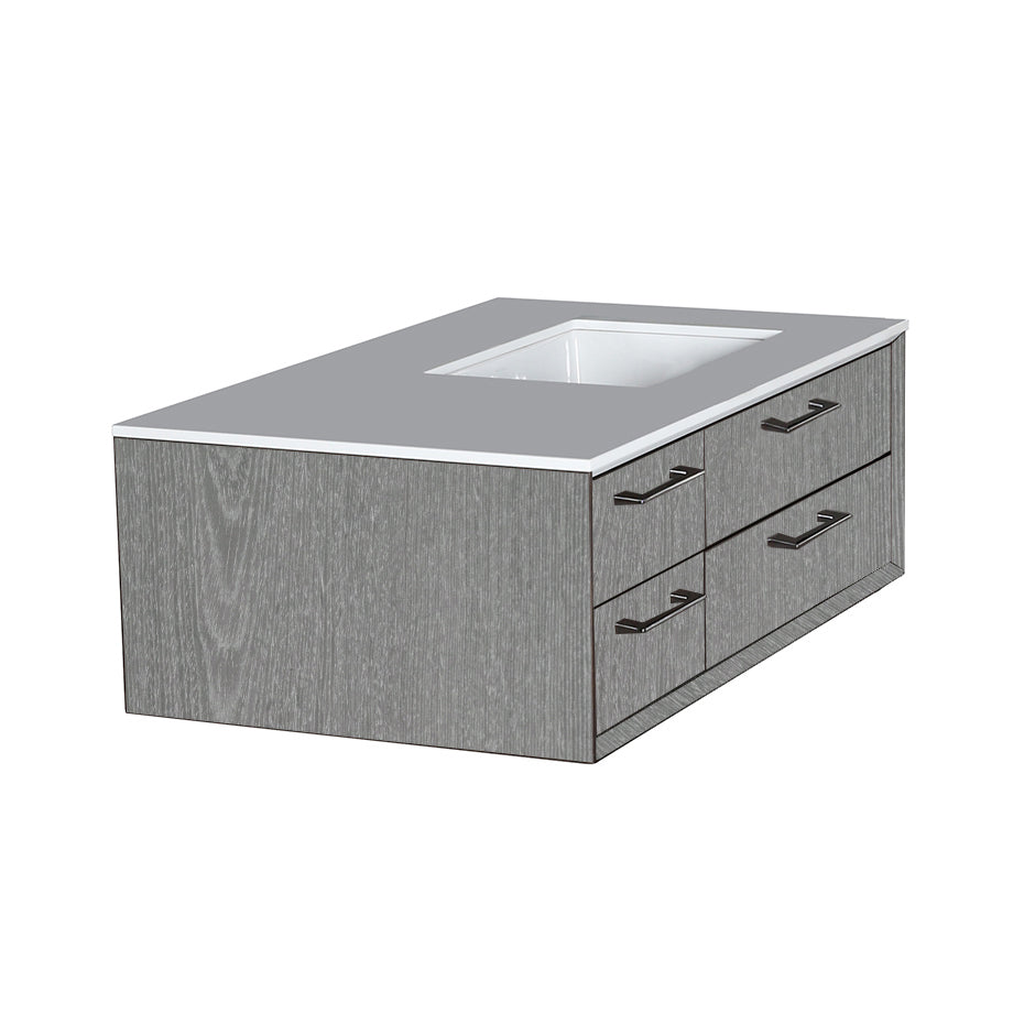 Cabinet of wall-mount under-counter vanity featuring three drawers and solid surface countertop with a cut-out for undermount sink (pulls included) on the right. Sink 5452UN sold separately. W:35 3/4", D: 21 7/8", H: 12". - Maison&Co.