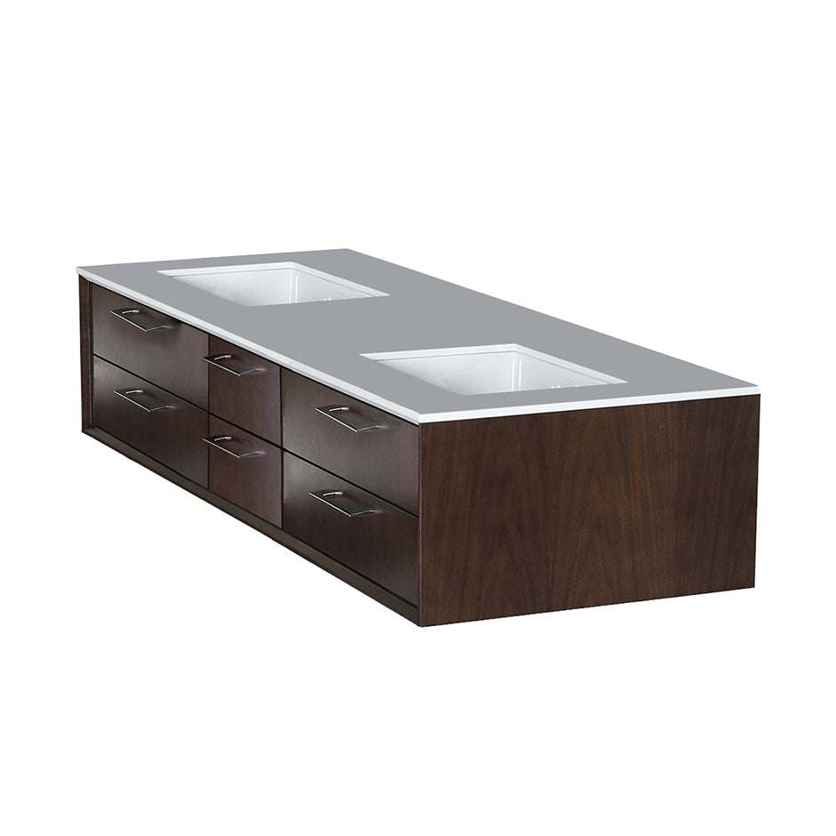 Cabinet of wall-mount under-counter vanity featuring four drawers and solid surface countertop with a cut-out for two  undermount sink (pulls included). Sink 5452UN sold separately. W:59 3/4", D: 21 7/8", H: 12". - Maison&Co.