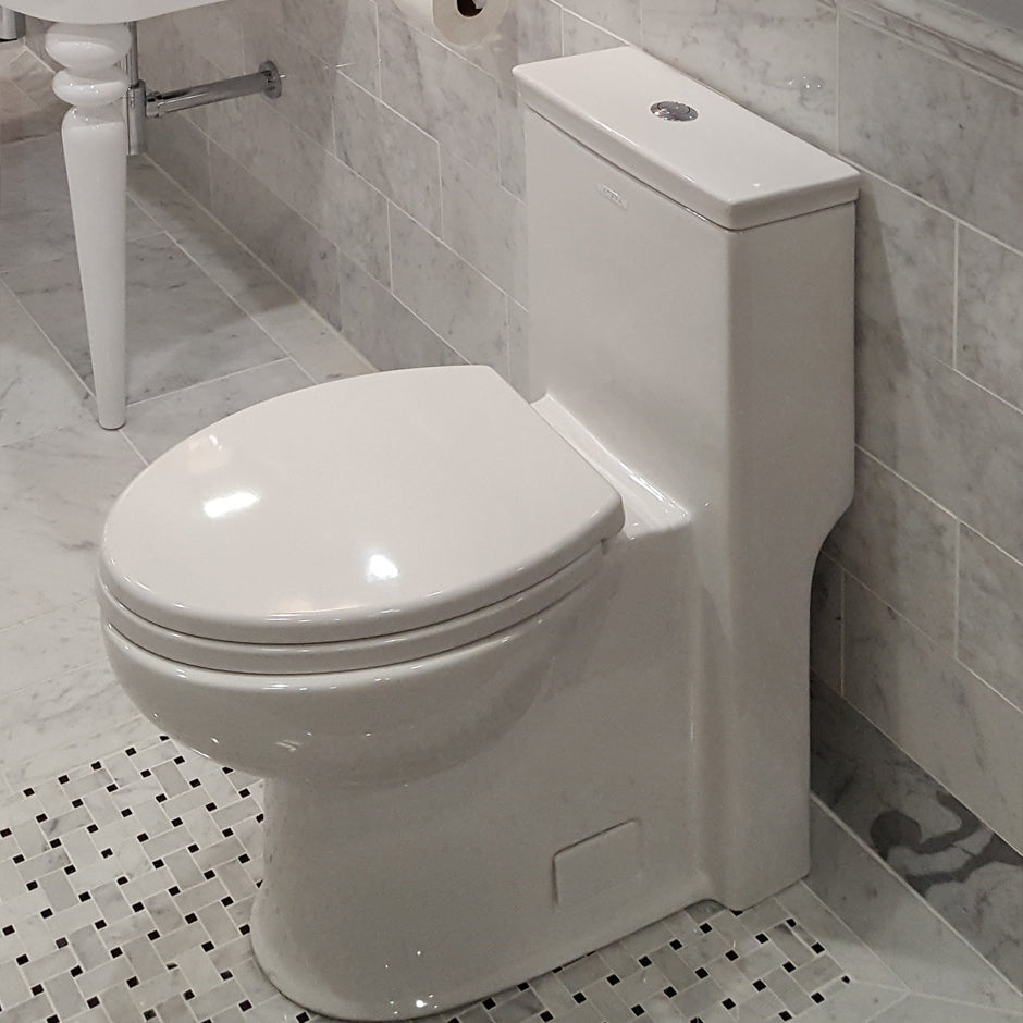 Floor-standing elongated one-piece porcelain toilet with siphonic single flush system (1.28gpf), include a set cover and tank . W: 14 1/2", D: 28 5/8", H 30 3/4". - Maison&Co.