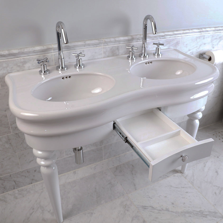 Floor-standing console with turn  legs  and a center pull out drawer stand for Bathroom Sink H253. To be attached to the back wall. W: 44", D: 19 1/2", H: 28 1/2". - Maison&Co.