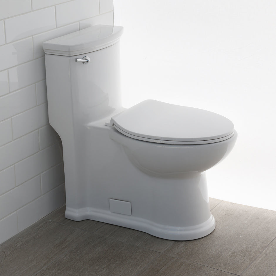 Floor-standing elongated one-piece porcelain toilet with siphonic single flush system (1.28 gpf), includes a seat cover and tank - Maison&Co.