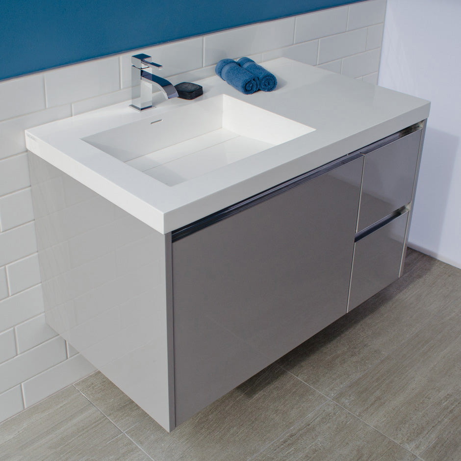 Wall-mount under counter vanity with three drawers, Bathroom Sink  is on the left.  The drawer  under Bathroom Sink has a notch for pluming. Bathroom Sink H263LT sold separately.W: 35 3/4" D: 20 7/8", H: 22". - Maison&Co.