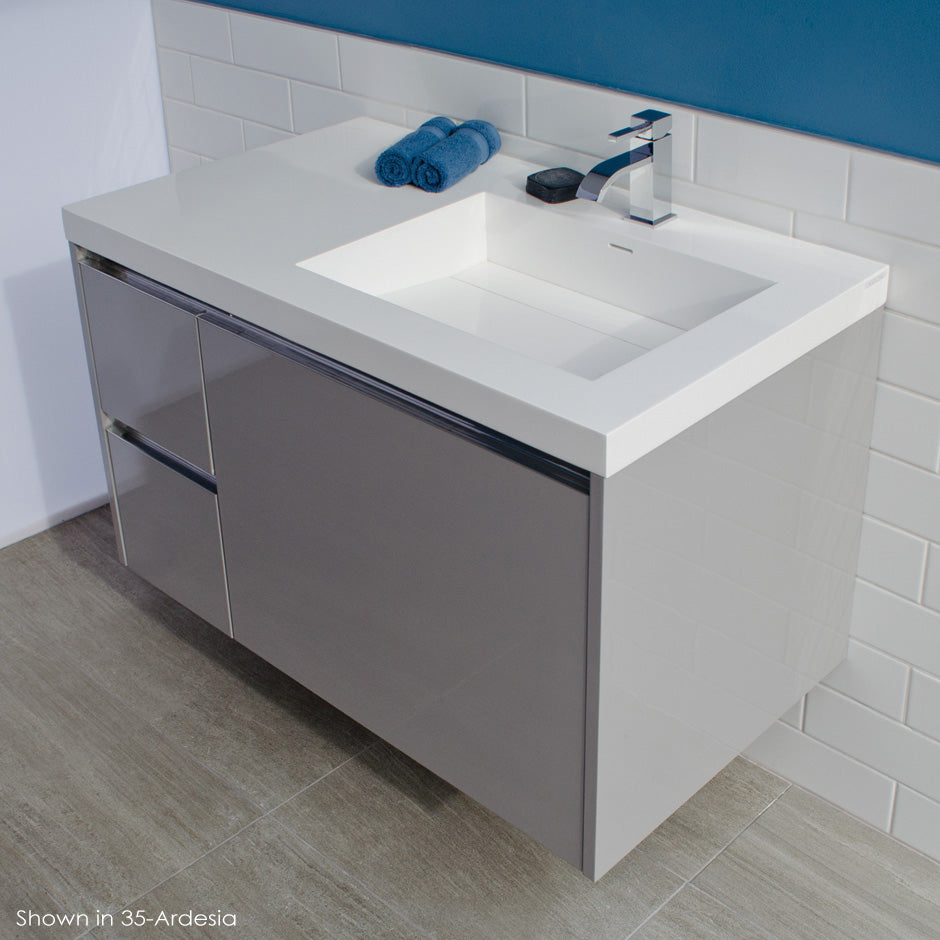 Wall-mount under counter vanity with three drawers, Bathroom Sink  is on the right.  The drawer under Bathroom Sink has a notch for pluming. Bathroom Sink H263RT sold separately.W: 35 3/4" D: 20 7/8", H: 22". - Maison&Co.