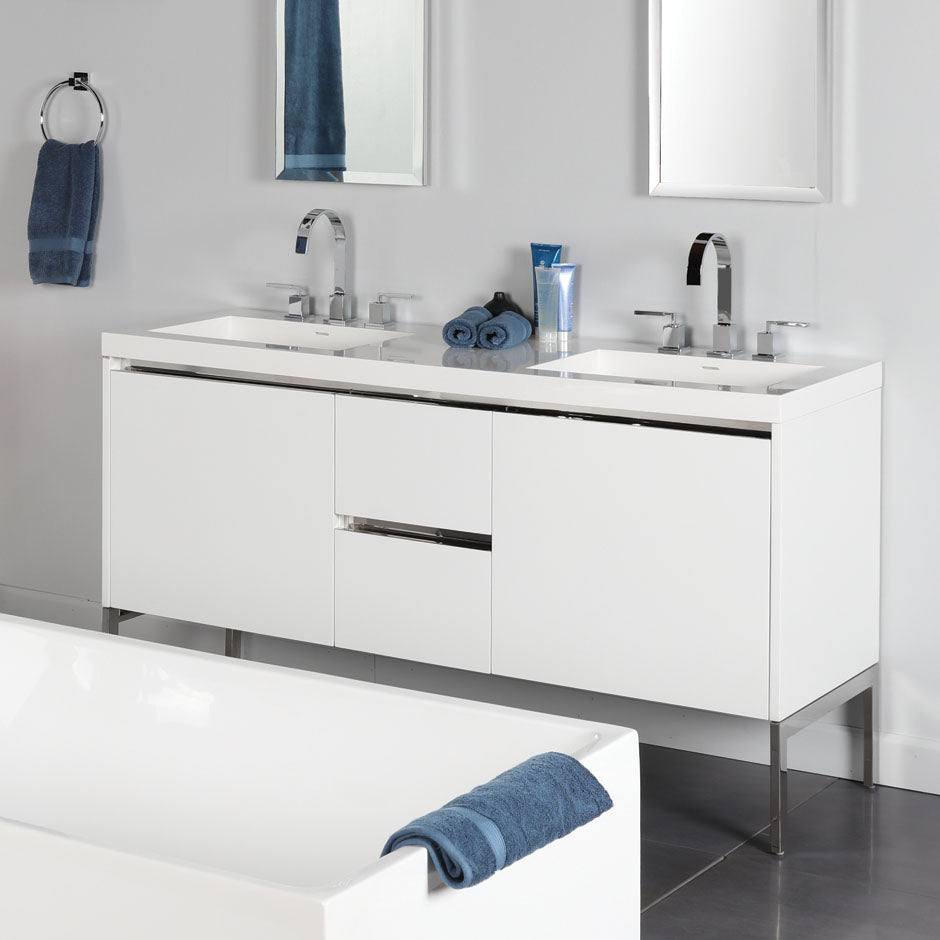 Wall-mount under-counter double vanity with a notch-back large drawer on left and right, and two small drawers on the center. Bathroom Sink H265T sold separately. W: 59 3/4', D: 20 7/8", H:22" - Maison&Co.