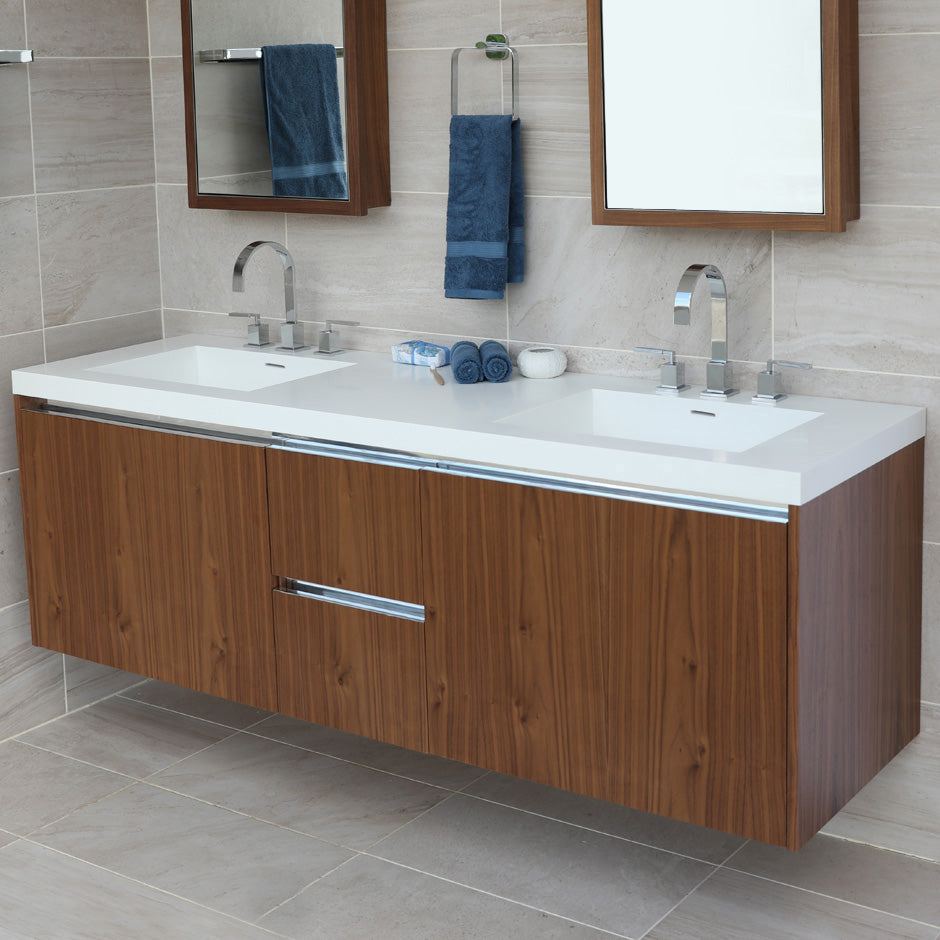 Wall-mount under-counter double vanity with , a notch-back large drawer on left and right, and two small drawers on the center. Bathroom Sink H266T sold separately. W: 71 3/4', D: 20 7/8", H:22". - Maison&Co.