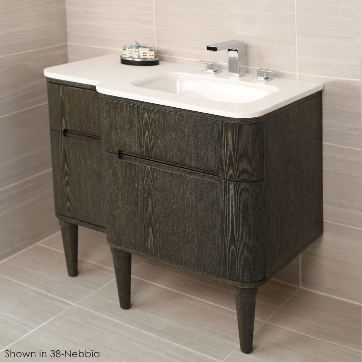 Wall-mount under counter vanity with three routed finger pull drawers . Bathroom Sink is on the right. H27 LEG, H273RT and H270 Bathroom Sink are all sold separately. W: 35 1/2", D:21 3/4", H: 22 1/4" - Maison&Co.