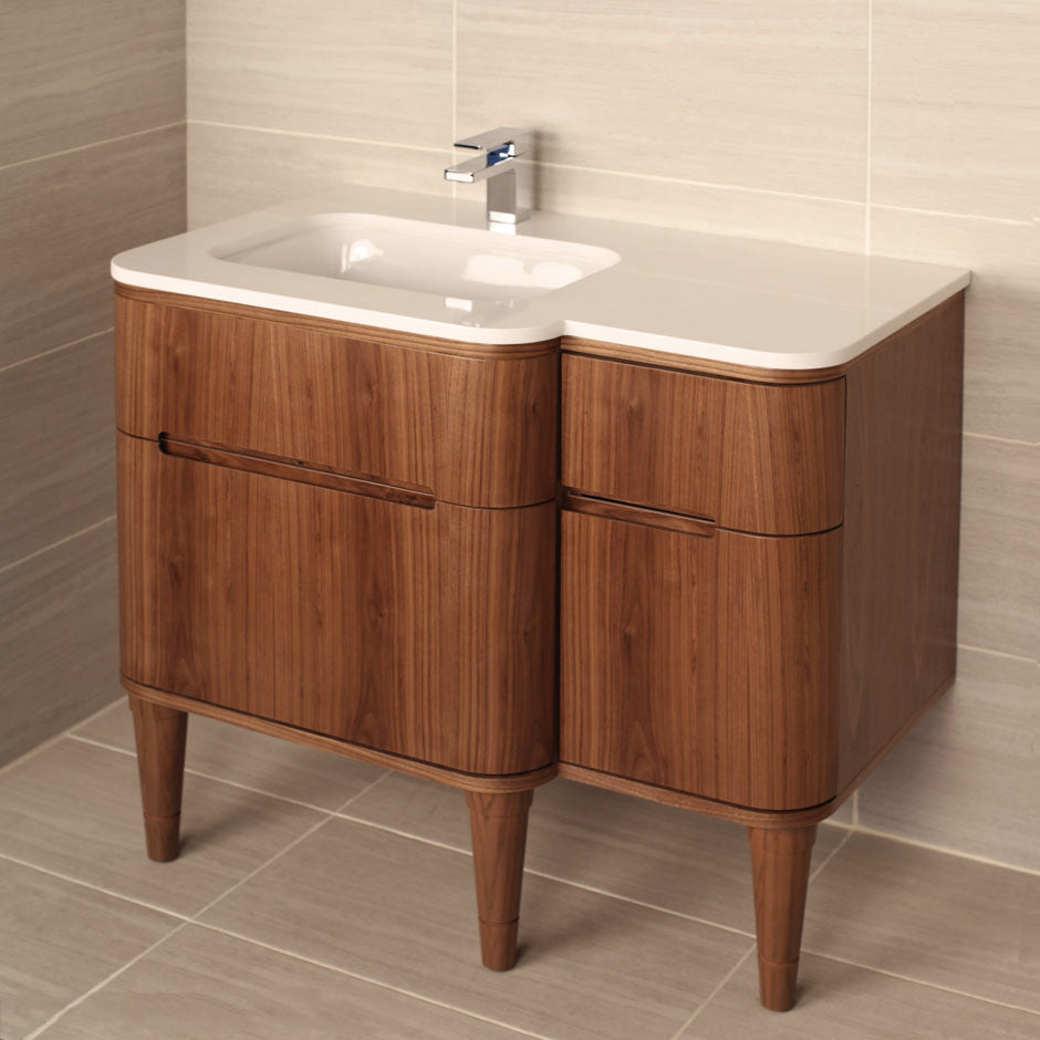 Wall-mount under counter vanity with three routed finger pull drawers . Bathroom Sink is on the left. H27 LEG, H273LT and H270 Bathroom Sink are all sold separately. W: 35 1/2", D:21 3/4", H: 22 1/4". - Maison&Co.