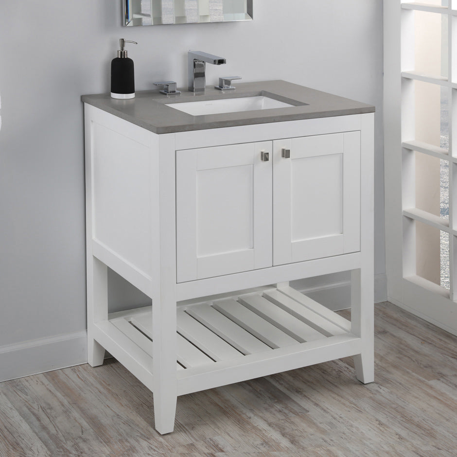 Free standing under-counter vanity with two doors(knobs included) and slotted shelf in wood. Under-mount sink 5452UN, stone countertop H282T are not included. W: 29 1/2", D: 20 3/4", H: 34 1/4". - Maison&Co.