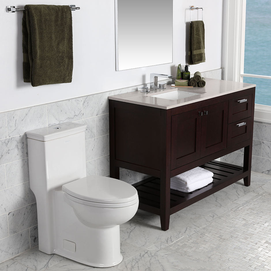 Free standing under-counter vanity with two doors(knobs included) on left, two drawers(knobs included) on right and slotted shelf in wood. Under-mount sink 5452UN, stone countertop H284LT are not included. W: 47 1/2", 20 3/4", H: 34 1/4". - Maison&Co.