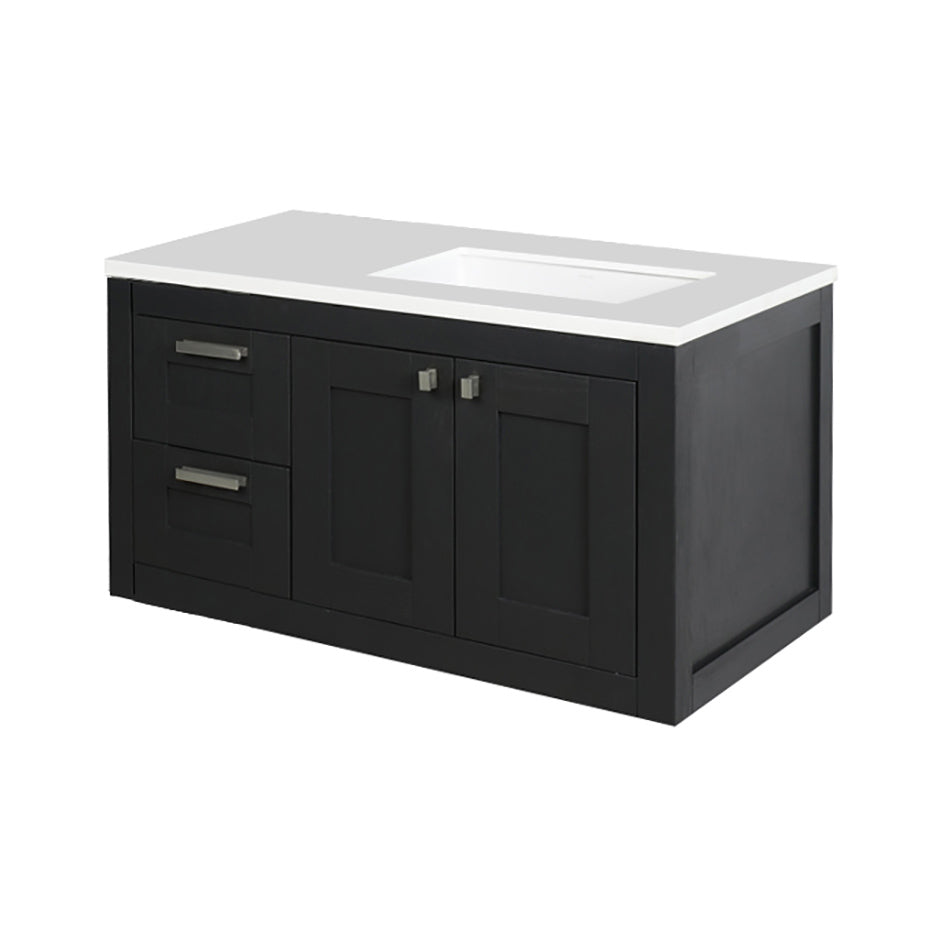Wall-mount under-counter vanity with two drawers on the left and two doors on the right. knobs and pulls included. Under-mount sink 5452UN and countertop H283LT are sold separately. W: 35 1/2", D: 20 3/4", H:19 3/8". - Maison&Co.