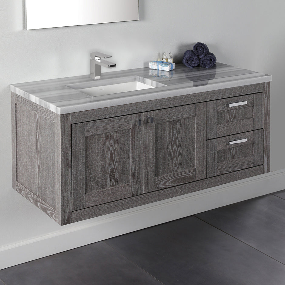 Wall-mount under-counter vanity with two doors on the left and two drawers on the right. knobs and pulls included. Under-mount sink 5452UN and countertop H284LT are sold separately. W: 47 /2', D: 20 3/4", H: 19 3/8". - Maison&Co.