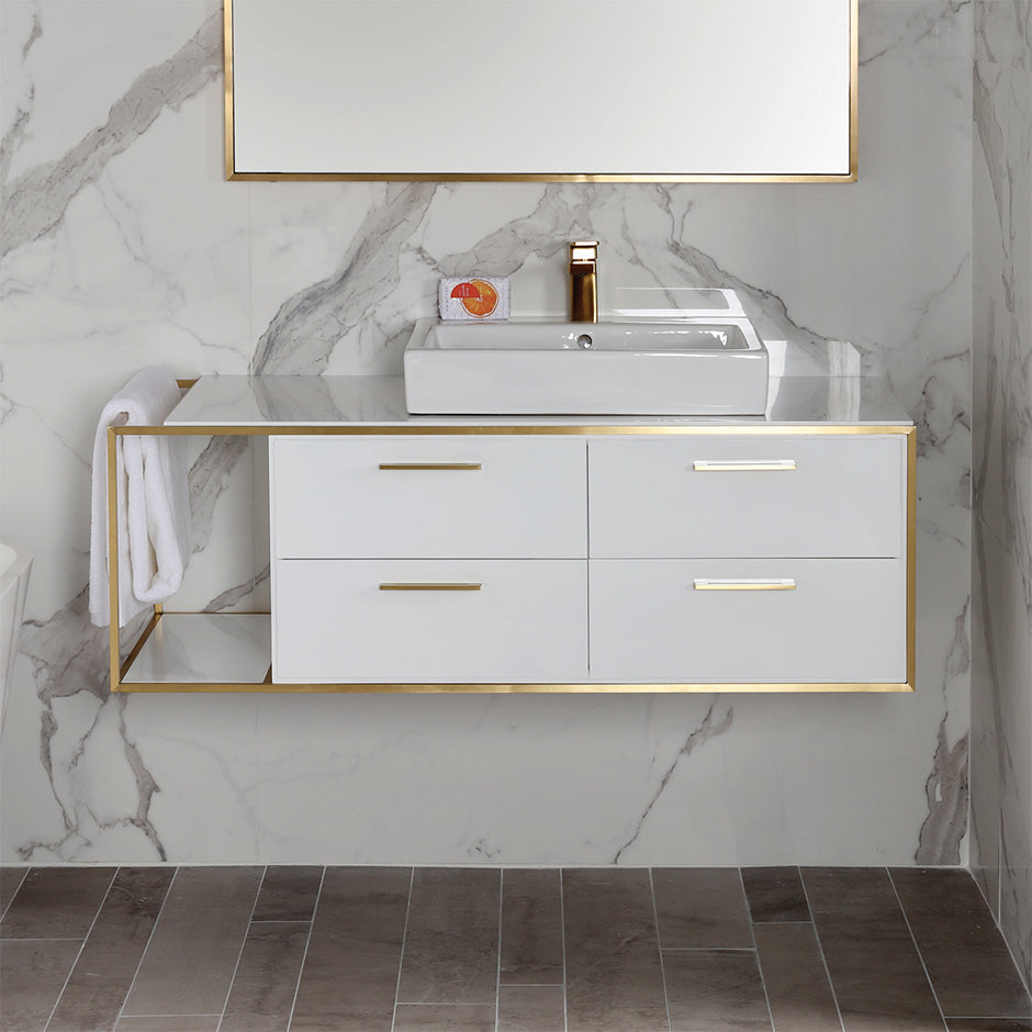 Cabinet of wall-mount under-counter vanity LIN-VS-48R  with four drawers (pulls included), metal frame,  solid surface countertop and shelf. W: 38", D: 21", H: 15". - Maison&Co.
